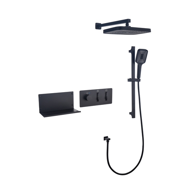 Set doccia moderno e di alta qualit&agrave; con 3 funzioni, grande spruzzatore, mensola nera, corpo in ottone, cascata, bagno, doccia
