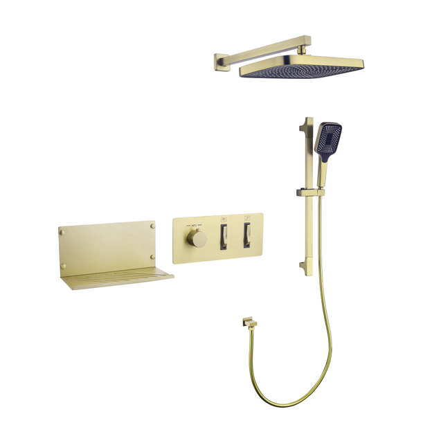Set doccia moderno e di alta qualit&agrave; con 3 funzioni, grande spruzzatore, mensola nera, corpo in ottone, cascata, bagno, doccia